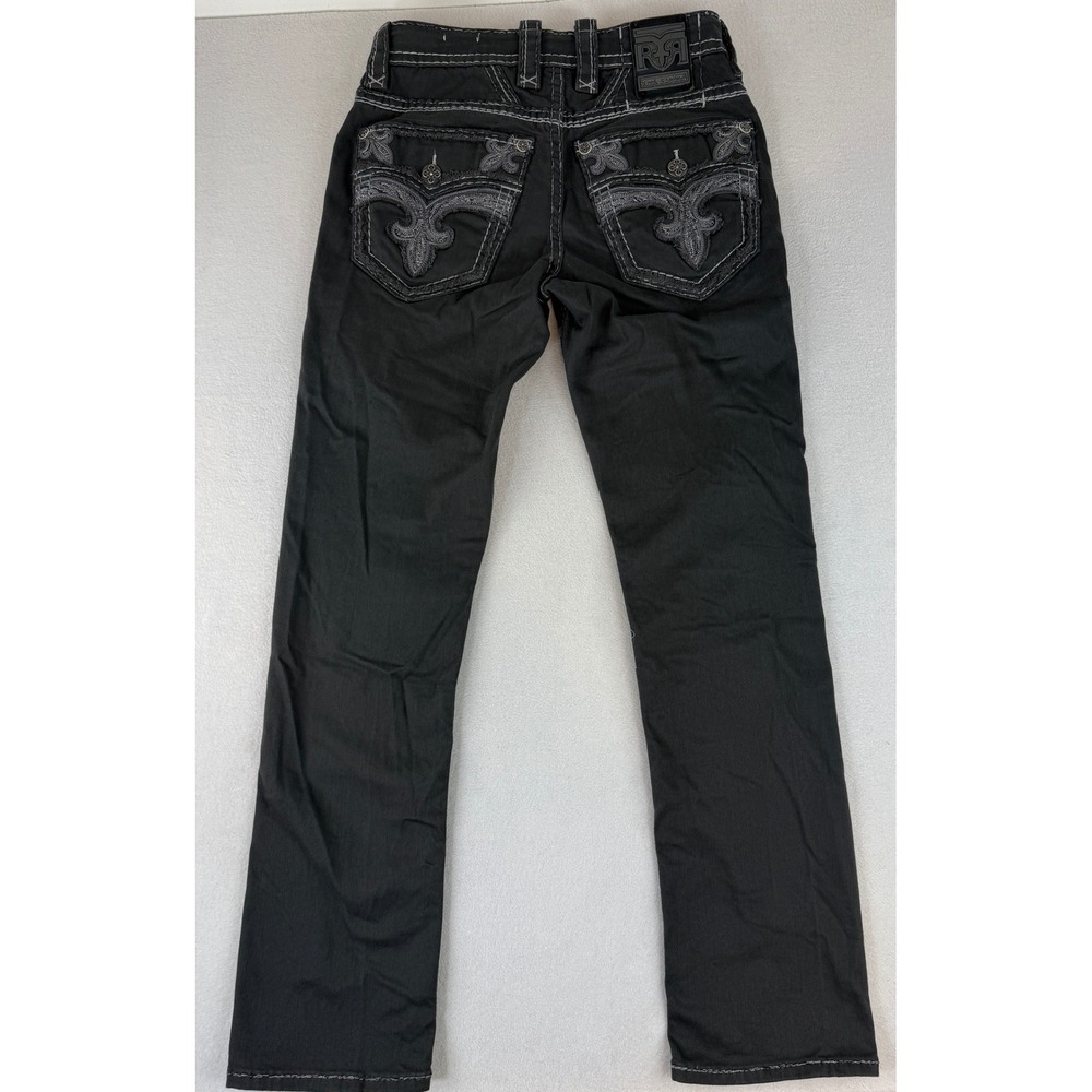 Rock Revival Kevine Straight Jeans Mens 30 Black Thick Stitch Fleur-De-Lis J200